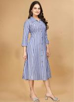 Cotton Blue Casual Wear Printed Readymade Gown